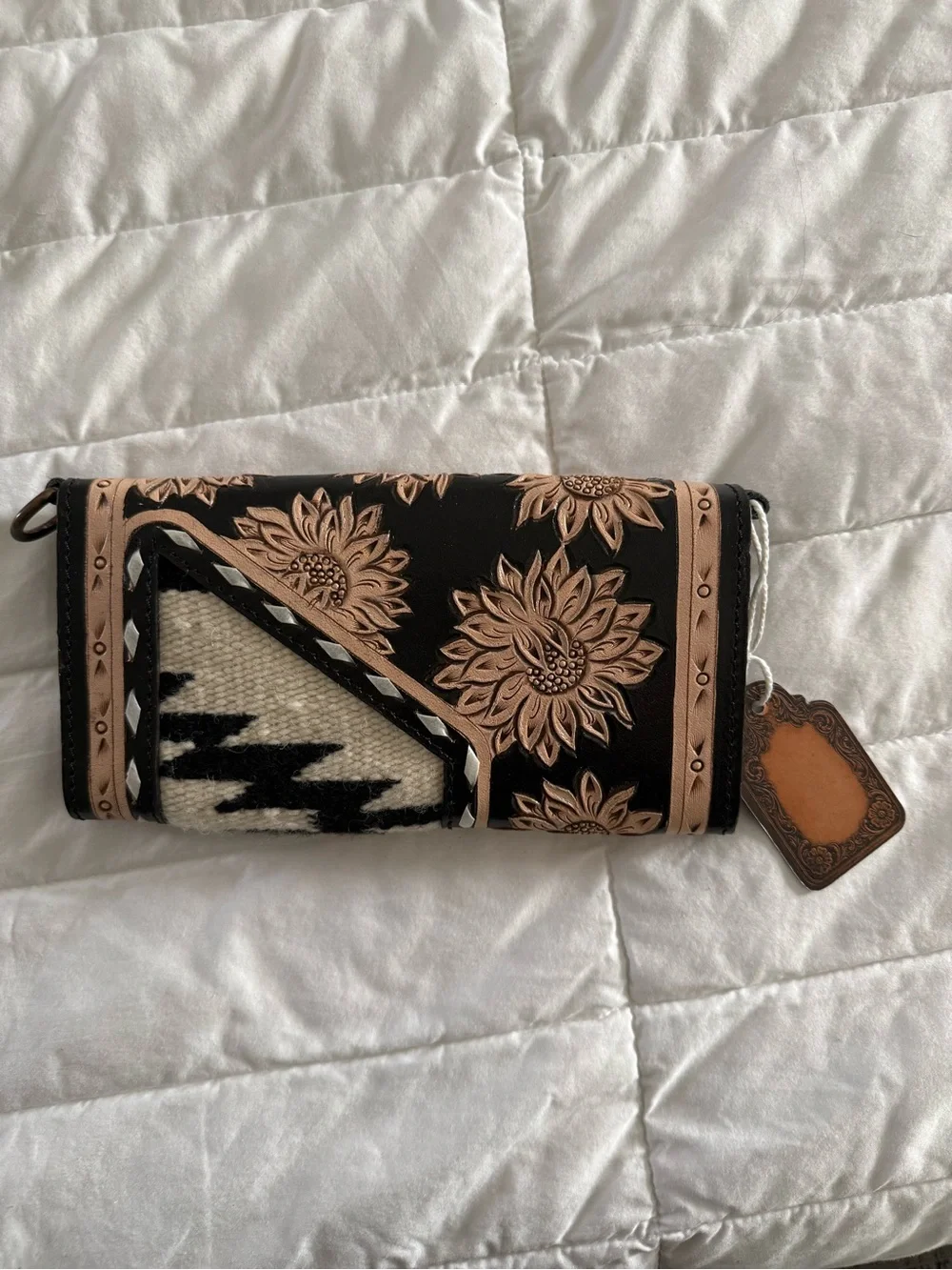 Leather Floral Embossed Foldover Wallet Clutch in Black and Tan